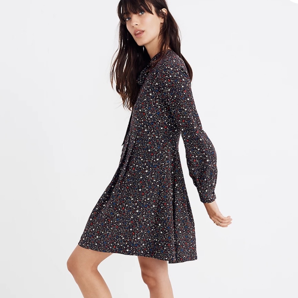Madewell Balsam Tie Neck Dress in Starry Night Silk Size Small
